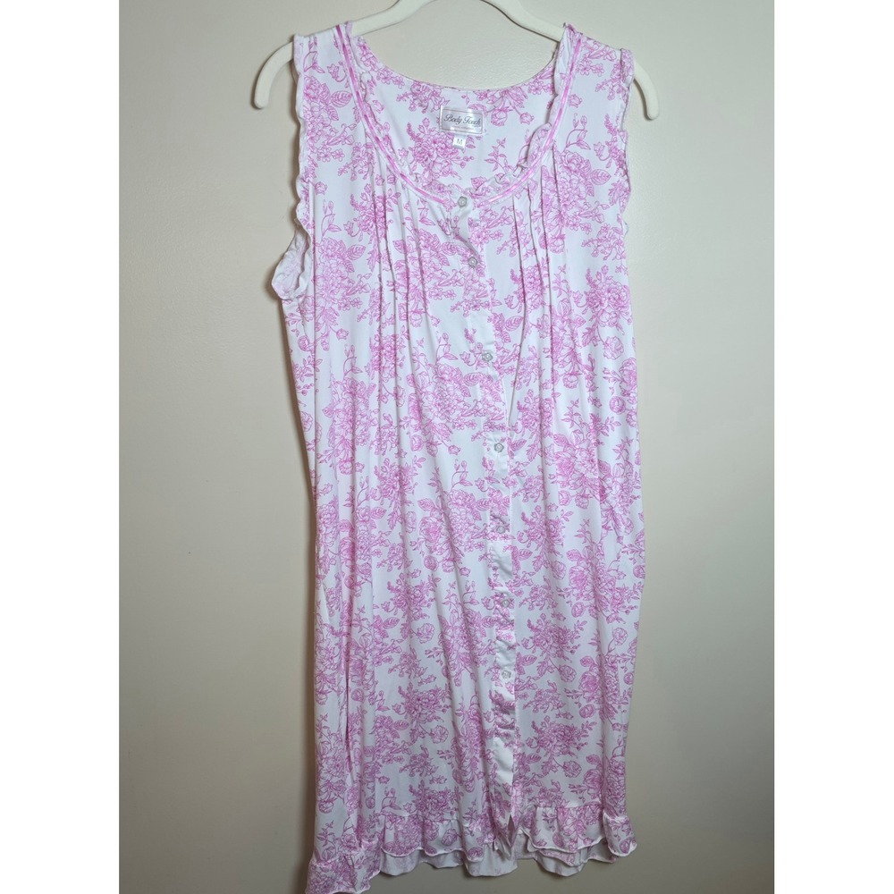 Body Touch Pink Floral Toile Button Front Sleeveless Nightgown Ruffle Trim M